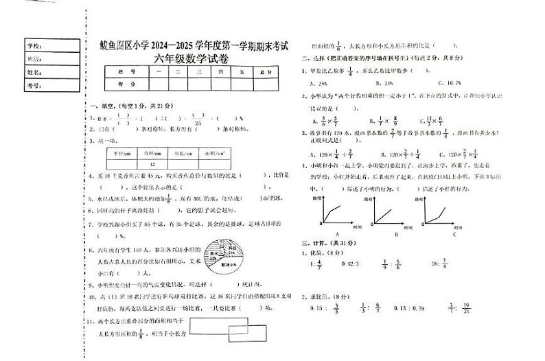 辽宁省营口市鲅鱼圈区望海小学2024-2025学年六年级上学期期末考试数学试题第1页