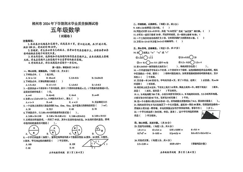 湖南省郴州市2024-2025学年五年级上学期期末考试数学试题第1页