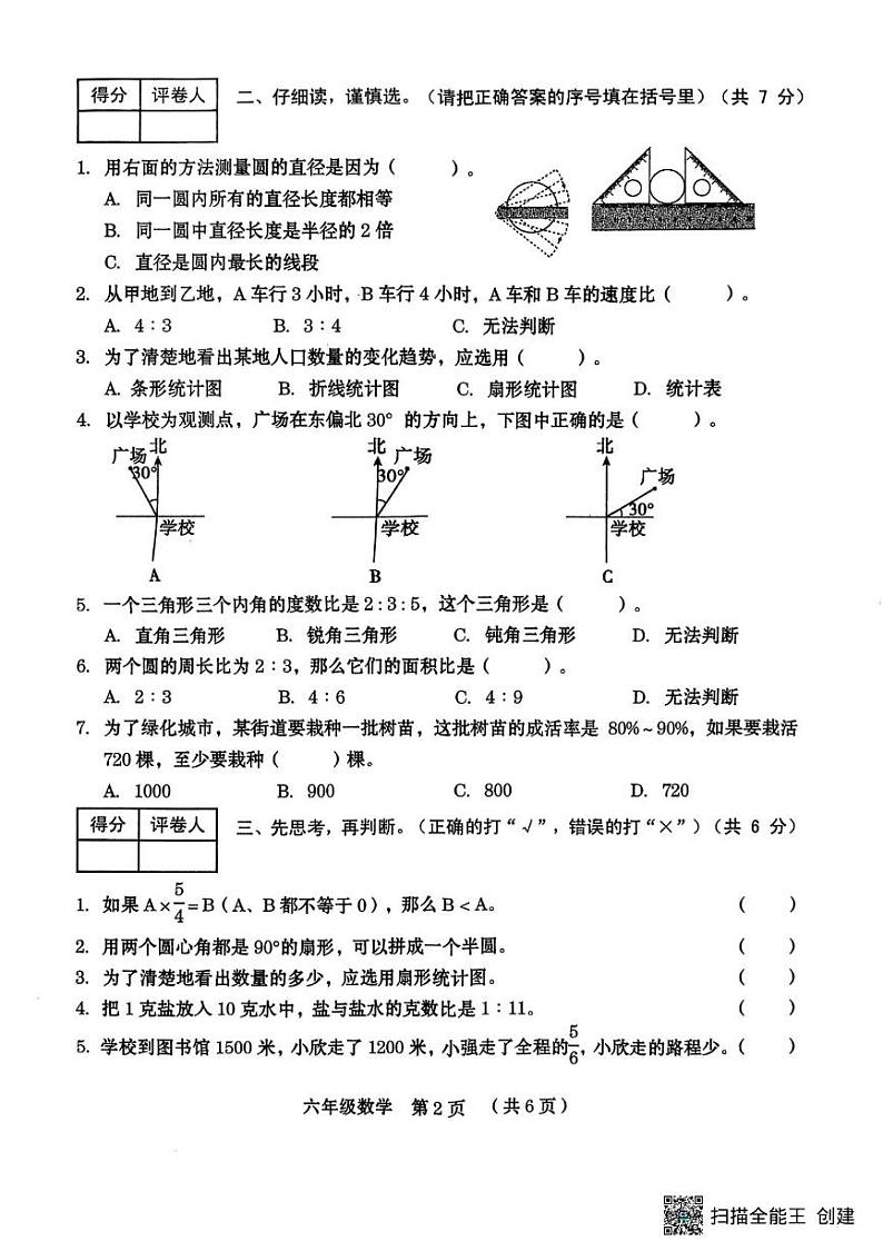 河南省周口市川汇区2024-2025学年六年级上学期期期末数学试卷第2页