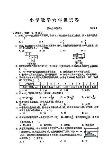 江苏省苏州市常熟市2024-2025学年六年级上学期期末数学试卷第1页