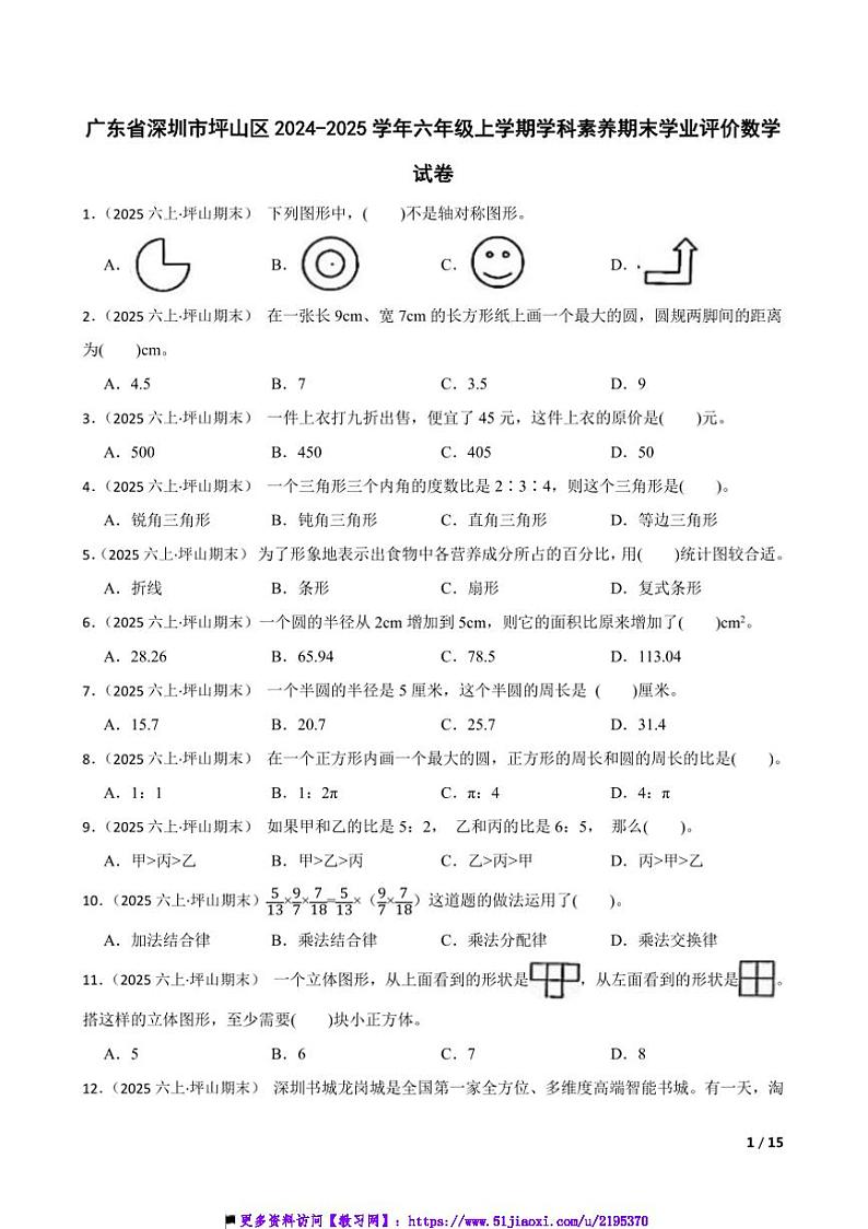 2024~2025学年广东省深圳市坪山区六年级上学科素养期末学业评价数学试卷第1页