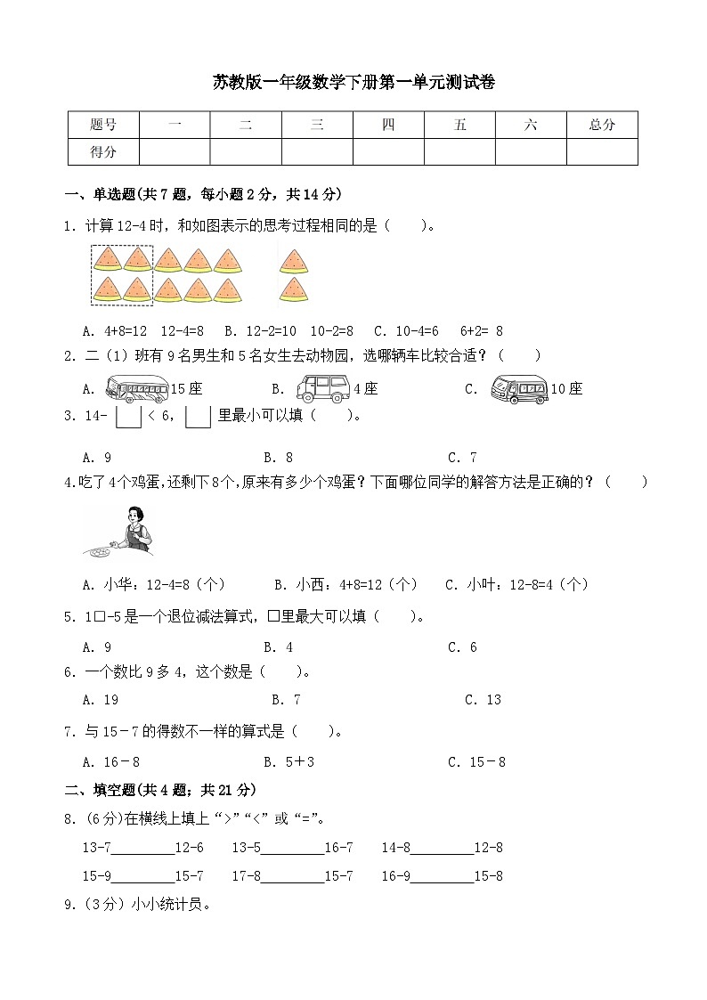 【备课无忧】苏教版数学一年级下册第一单元检测卷(含答案)第1页