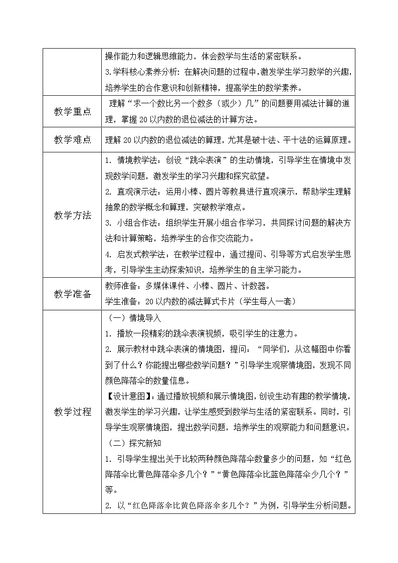 北师大版一年级下册 数学第三单元5《20以内数与减法-跳伞表演》教学设计第2页