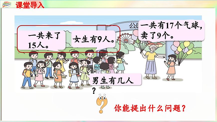 第1單元  逛公園——20以內(nèi)的退位減法 信息窗1 十幾減9（課件）-2024-2025學(xué)年青島版（2024）一年級(jí)數(shù)學(xué)下冊(cè)第4頁(yè)