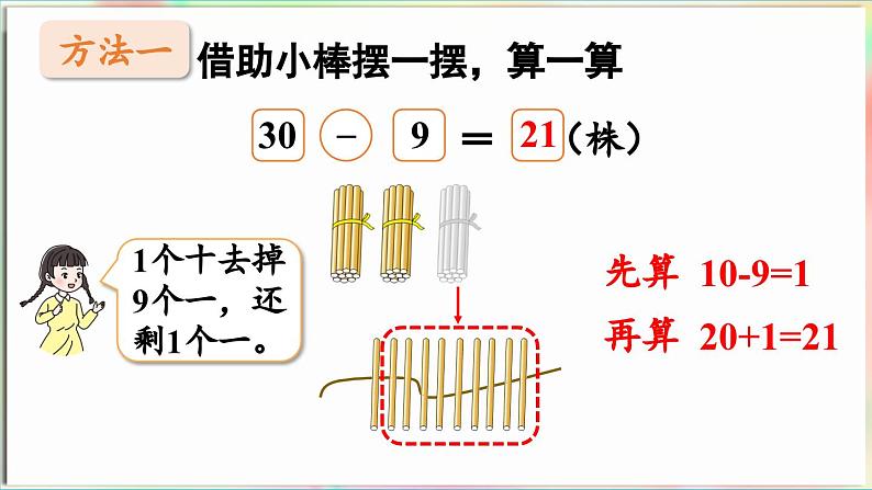 第4单元 护绿行动——100以内的加减法(一)信息窗3 两位数减一位数(退位)的口算(课件)-2024-2025学年青岛版(2024)一年级数学下册第6页