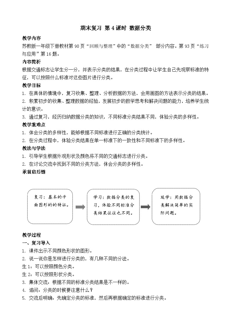 期末复习 数据分类（教案）-2024-2025学年一年级苏教版数学下册