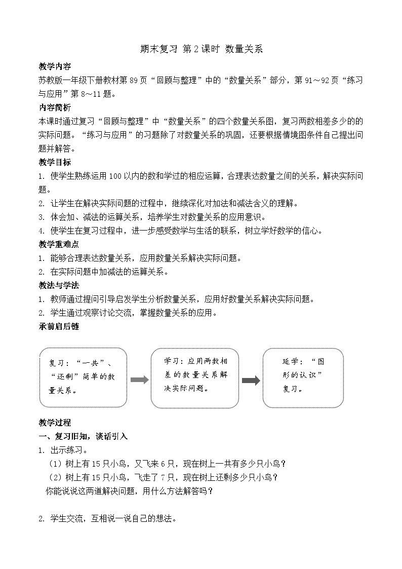 期末复习 数量关系（教案）-2024-2025学年一年级苏教版数学下册