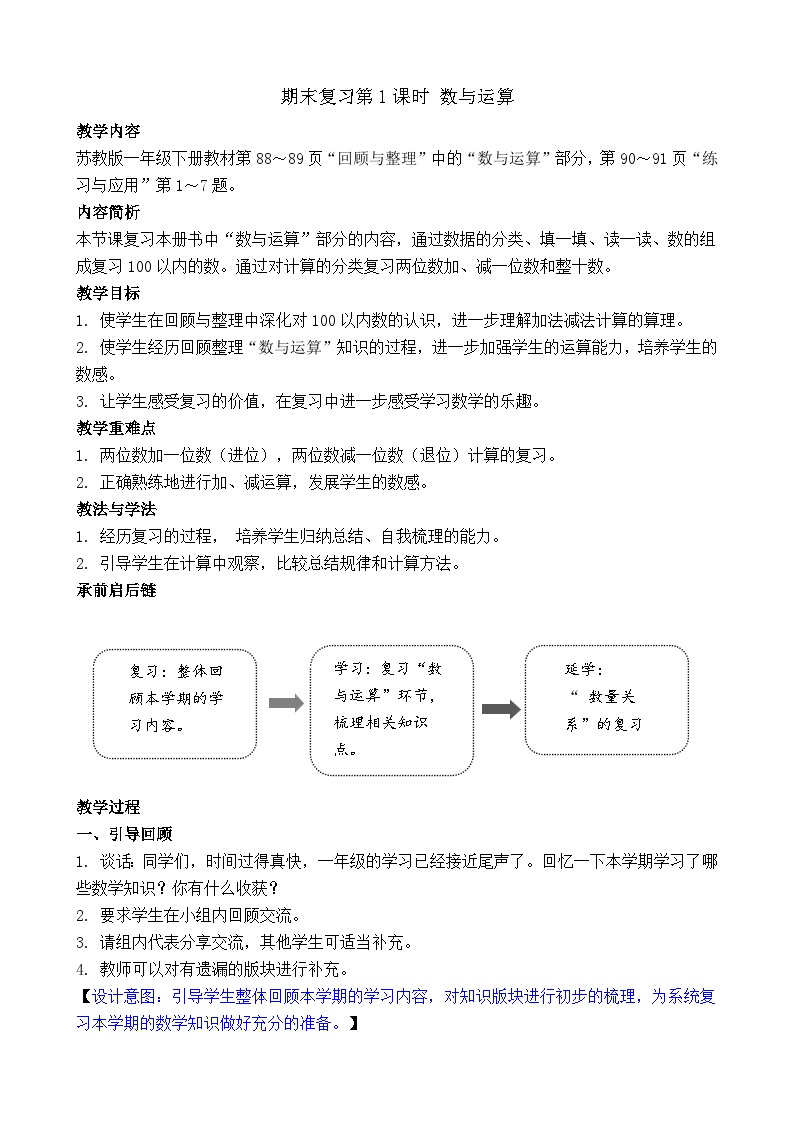 期末复习 数与运算（教案）-2024-2025学年一年级苏教版数学下册