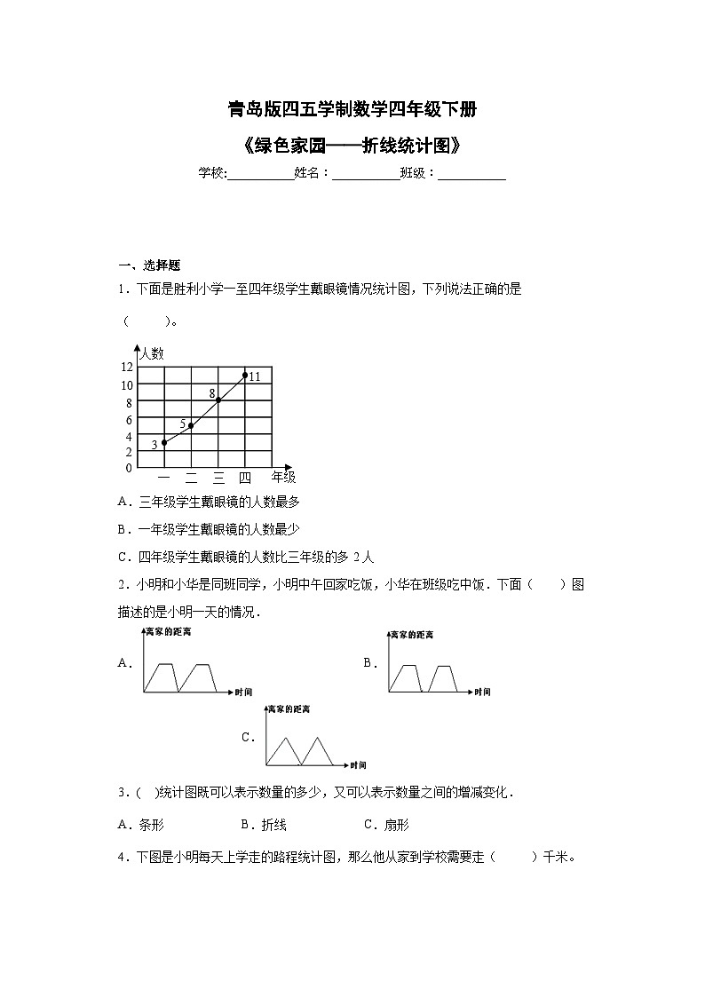青岛版(五四学制)2024 小学数学 四年级下册  八绿色家园——拆线统计图  同步练习第1页