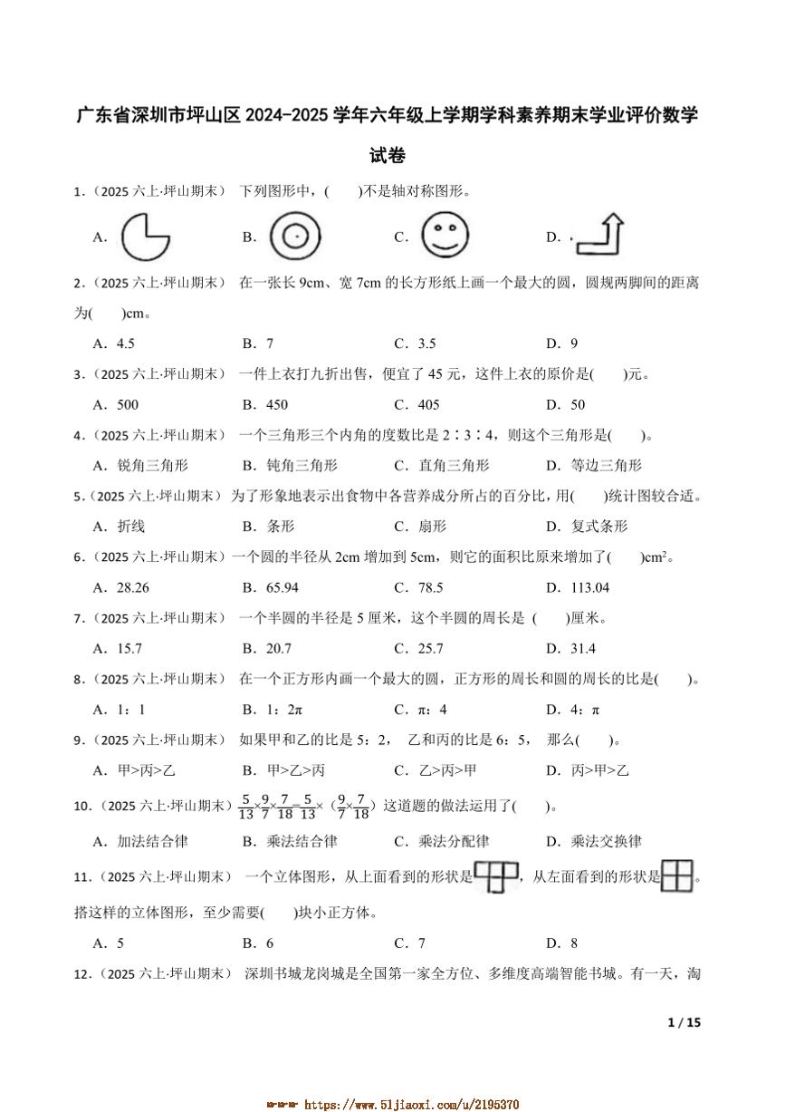 2024～2025学年广东省深圳市坪山区六年级上学科素养期末学业评价数学试卷