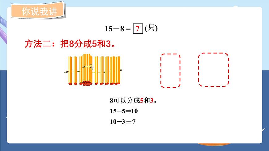 青島版2024數(shù)學(xué)一年級(jí)下冊(cè) 第1單元 1.2十幾減8、7的退位減法 PPT課件第4頁(yè)