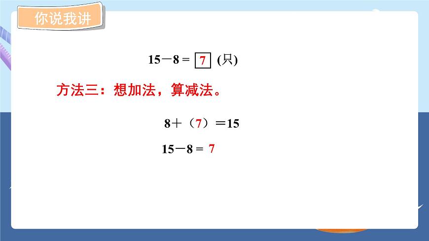 青島版2024數(shù)學(xué)一年級(jí)下冊(cè) 第1單元 1.2十幾減8、7的退位減法 PPT課件第5頁(yè)