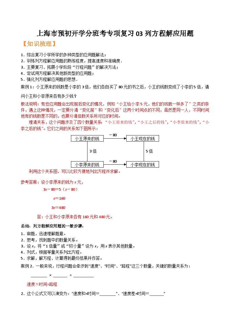 沪教版六年级暑假预习数学核心知识点与常见题型通关讲解练03列方程解应用题(原卷版+解析)