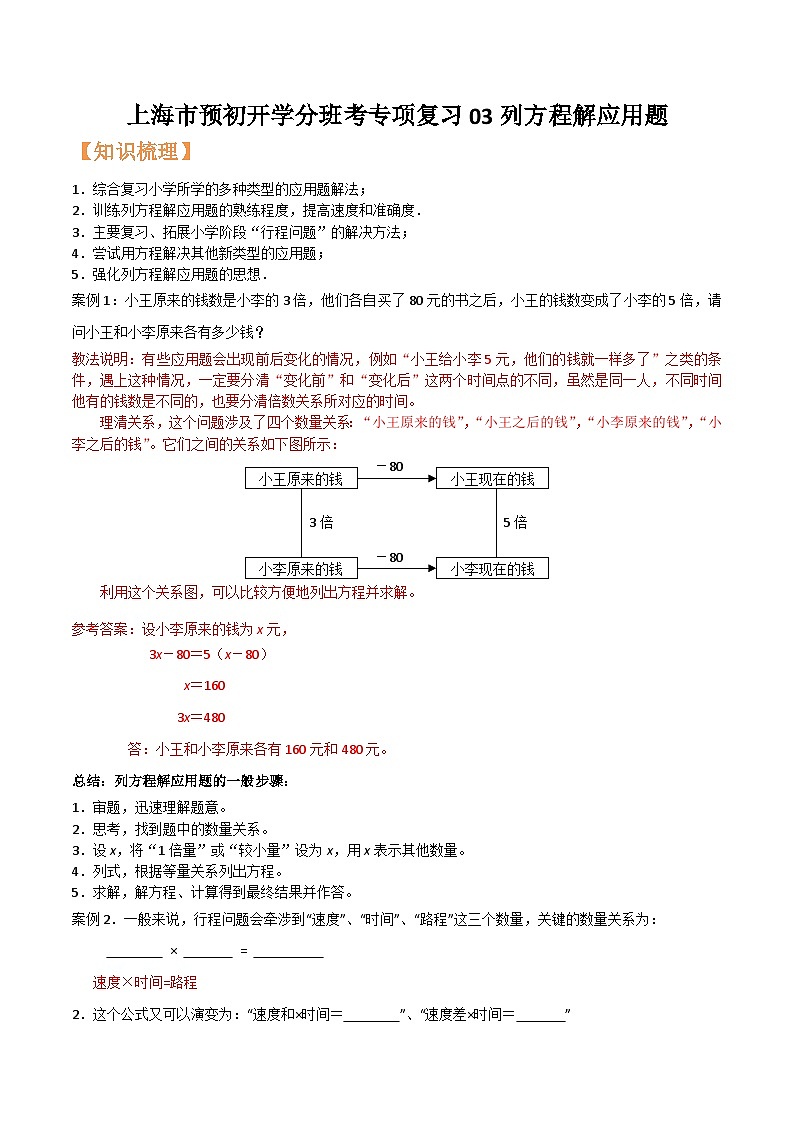 沪教版六年级暑假预习数学核心知识点与常见题型通关讲解练03列方程解应用题(原卷版+解析)第1页