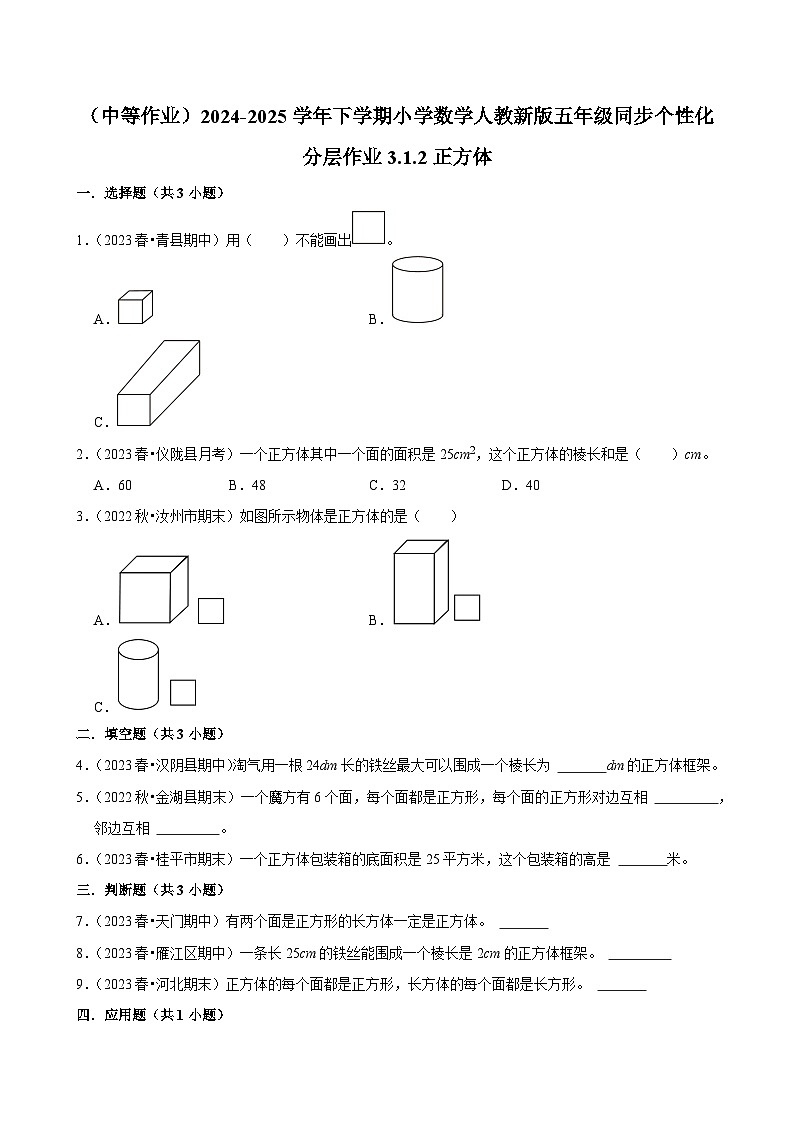 3.1.2正方体(中等作业)2024-2025学年五年级下册数学 人教版第1页