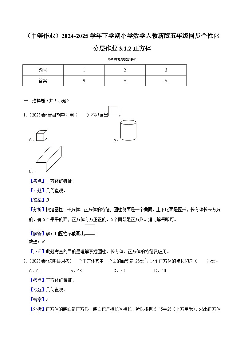 3.1.2正方体(中等作业)2024-2025学年五年级下册数学 人教版第3页