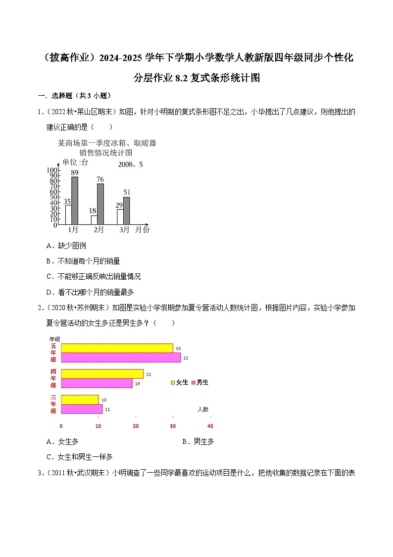 8.2复式条形统计图(拔高作业)2024-2025学年四年级下册数学 人教版第1页