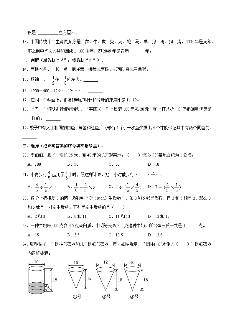 2024年山东省临沂市平邑县小升初数学试卷第2页