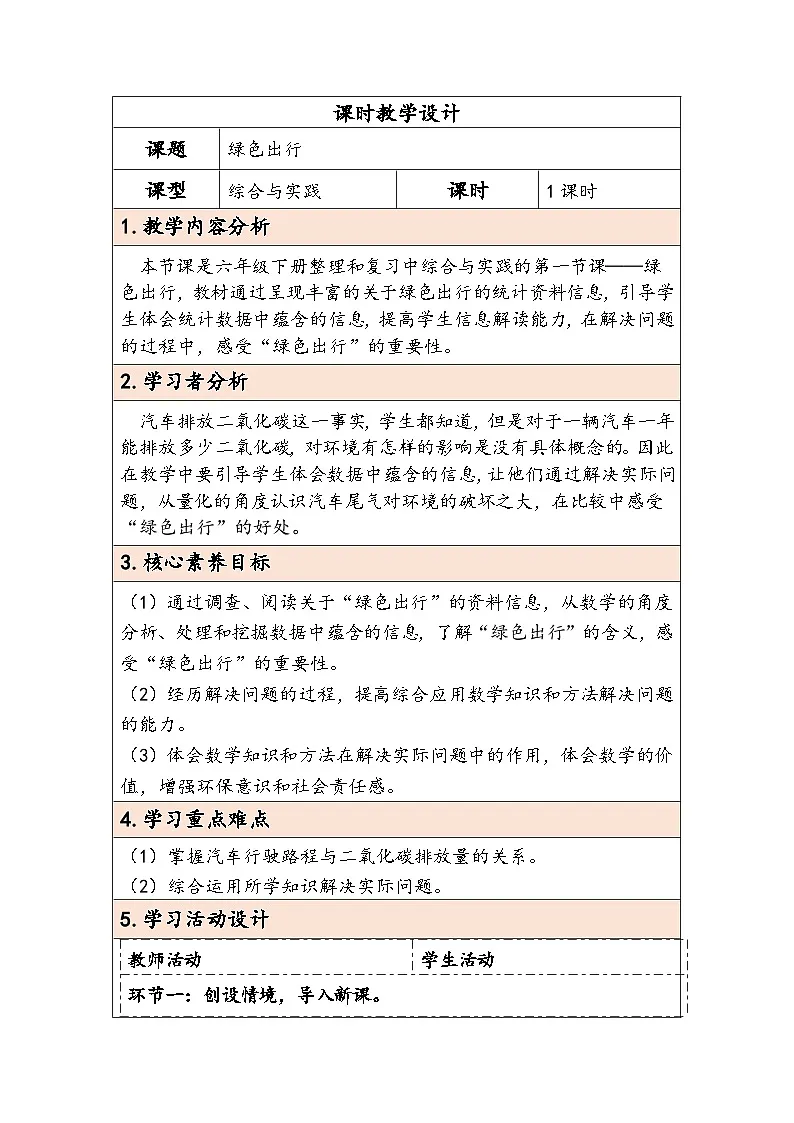 人教版(2024)六年级数学下册第6单元综合与实践第1课时绿色出行教学设计第1页