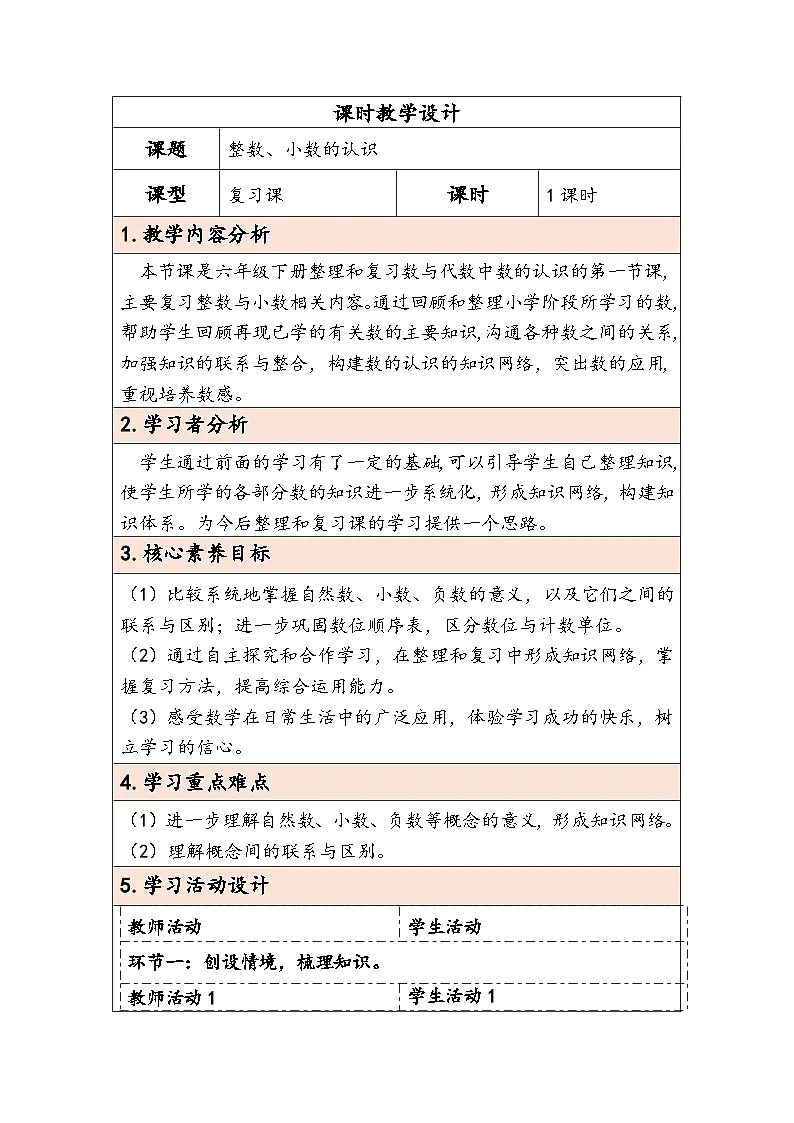 人教版(2024)六年级数学下册第6单元数与代数第1课时整数、小数的认识教学设计第1页