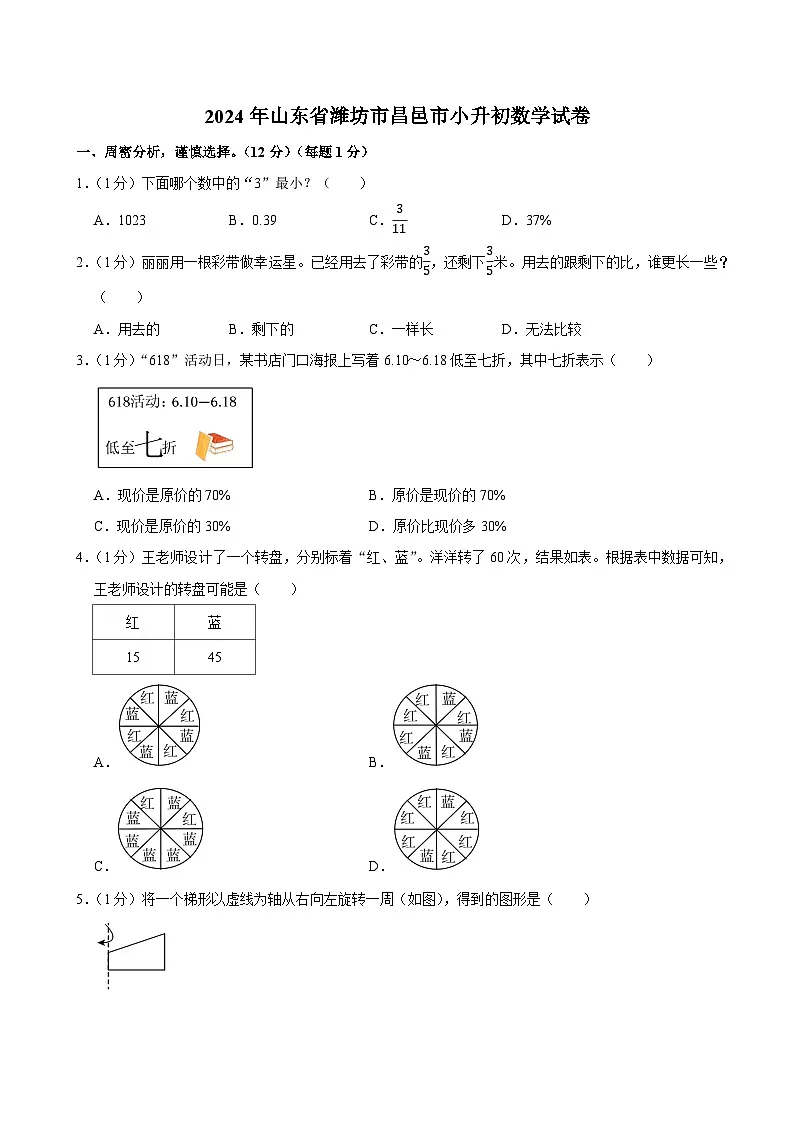 2024年山东省潍坊市昌邑市小升初数学试卷第1页