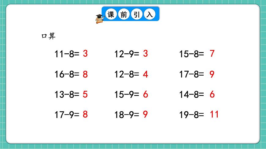 人教版小學(xué)數(shù)學(xué)一年級(jí)下冊(cè)2.4《十幾減8、7、6（2）》PPT課件第2頁(yè)