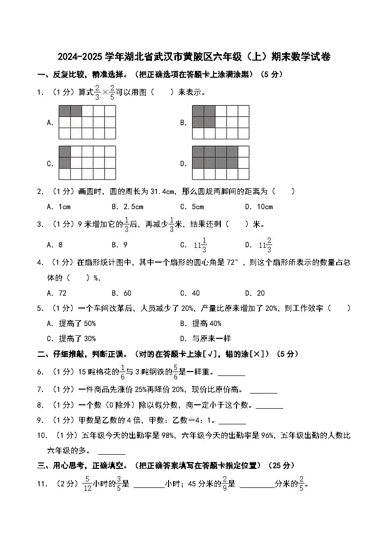 2024-2025学年湖北省武汉市黄陂区六年级(上)期末数学试卷第1页