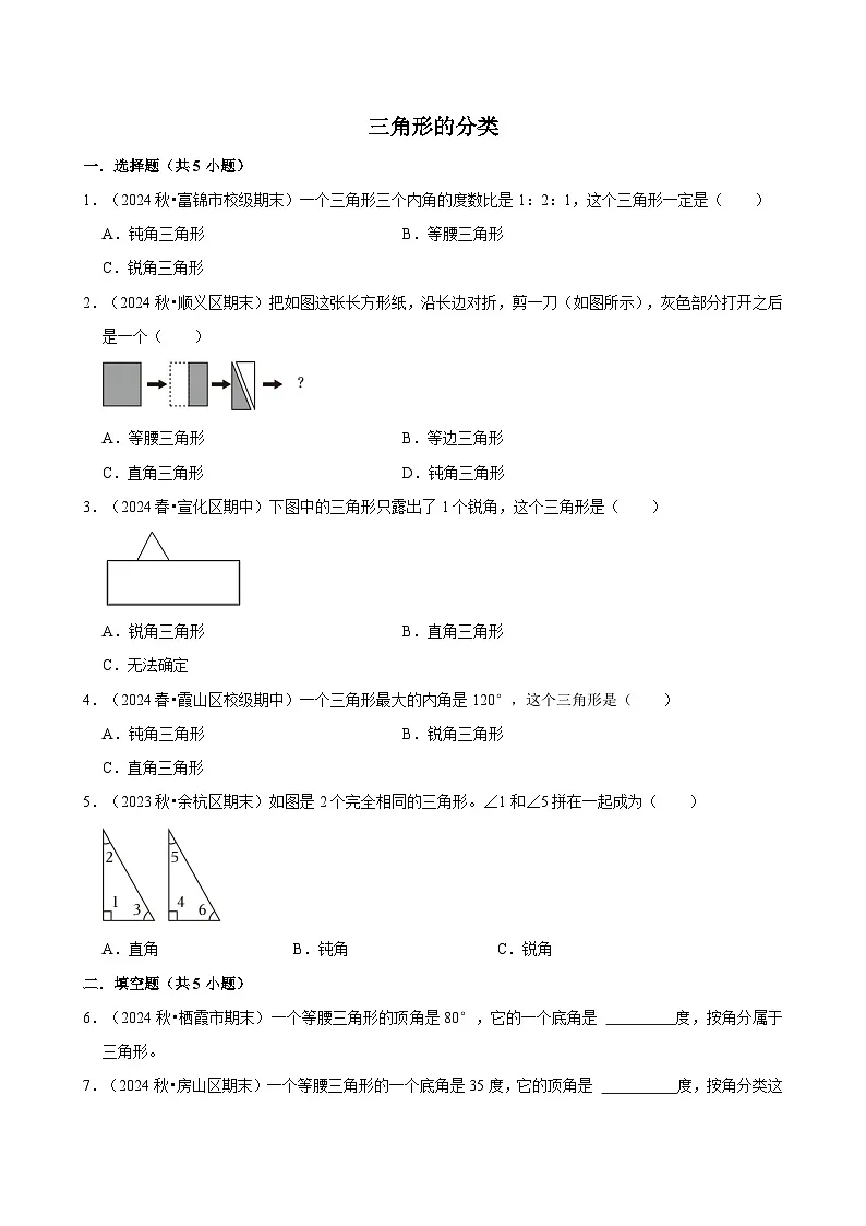 三角形的分类(期中专练)(含解析)-2024-2025学年四年级数学下册 人教版第1页