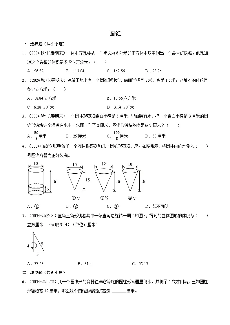 圆锥(专项练习)-2024-2025学年六年级数学下册期中练习 人教版第1页