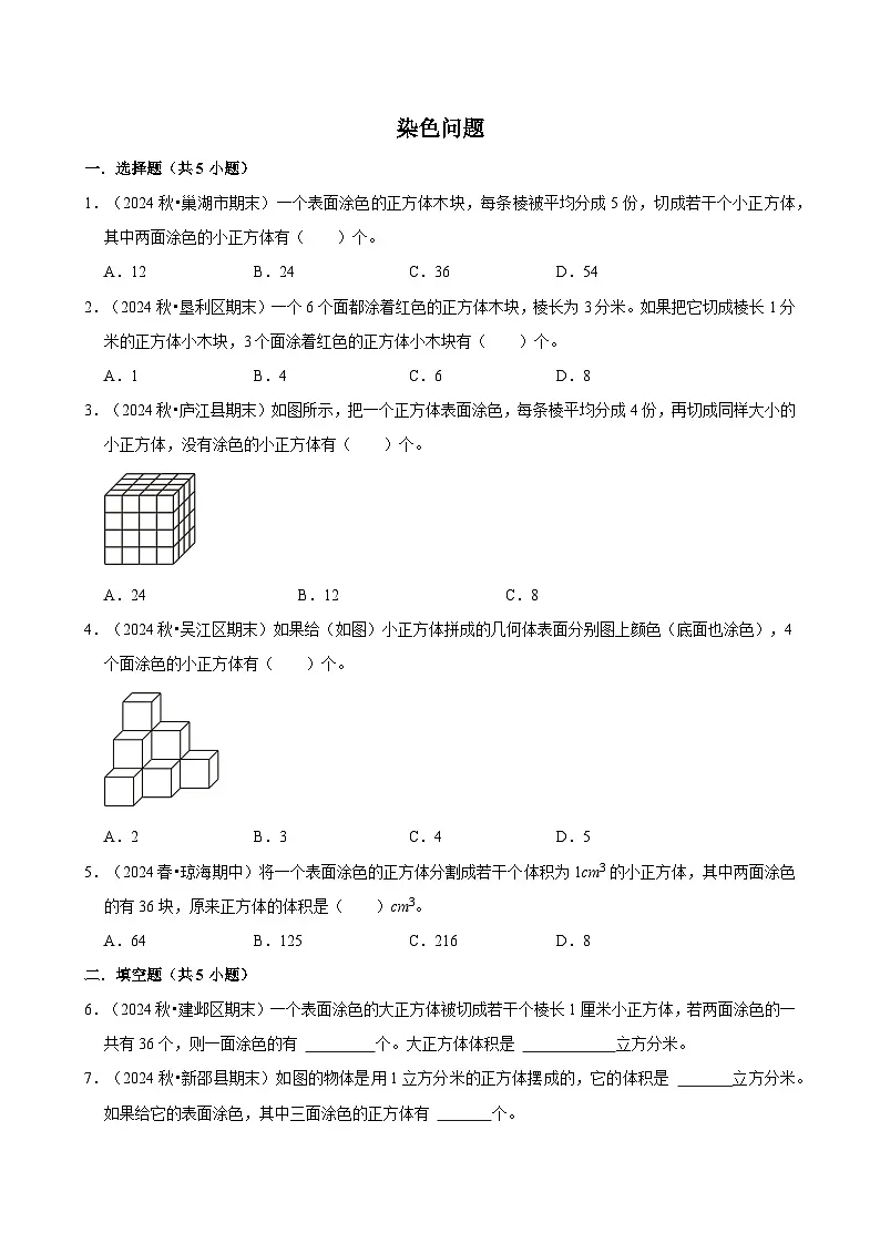 染色问题(专项练习)(含解析)-2024-2025学年五年级数学下册 人教版第1页