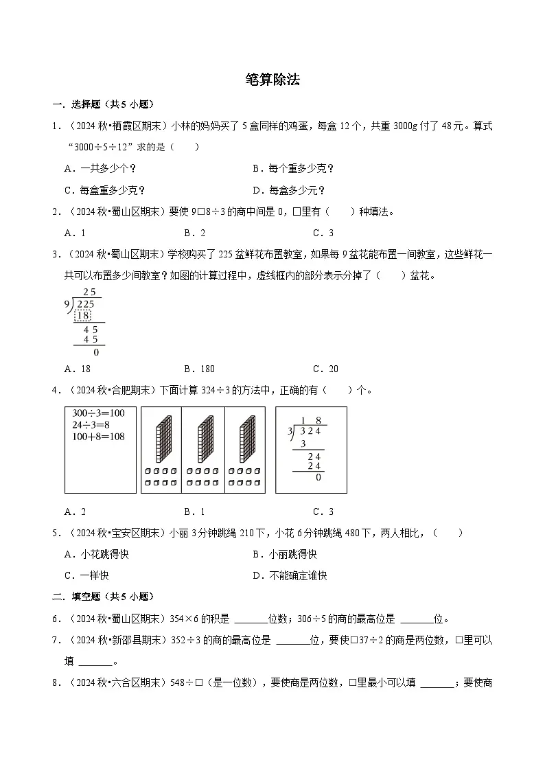 笔算除法(期中专练)(含解析)-2024-2025学年三年级数学下册 人教版第1页