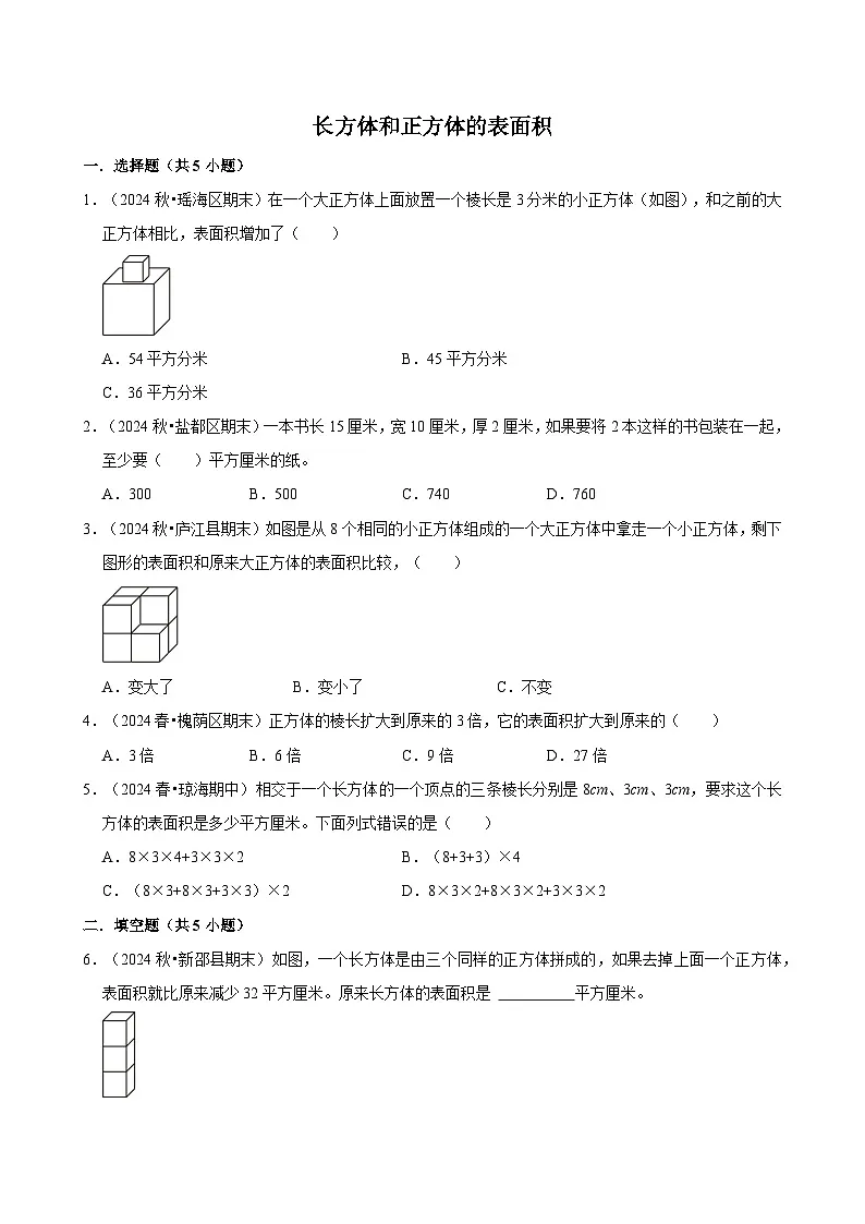 长方体和正方体的表面积(专项练习)(含解析)-2024-2025学年五年级数学下册 人教版第1页