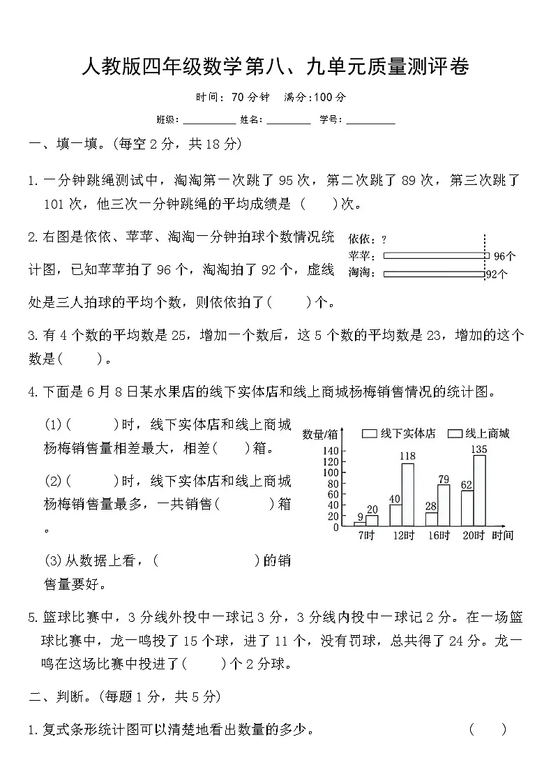 人教版四年级数学第八、九单元质量测评卷(含答案)第1页