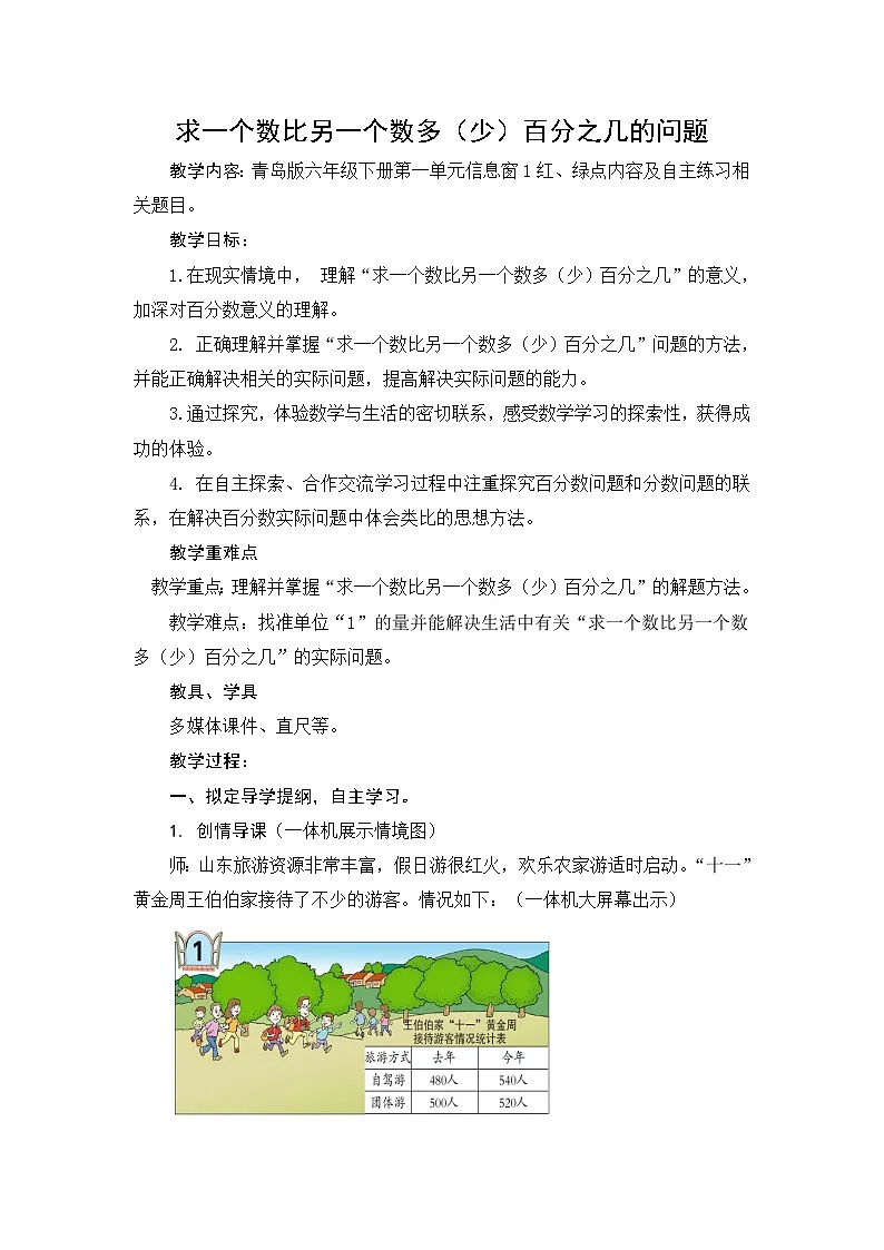 青岛版小学数学第1单元百分数(二)课时教学设计-2024-2025 年度六年级下册第1页