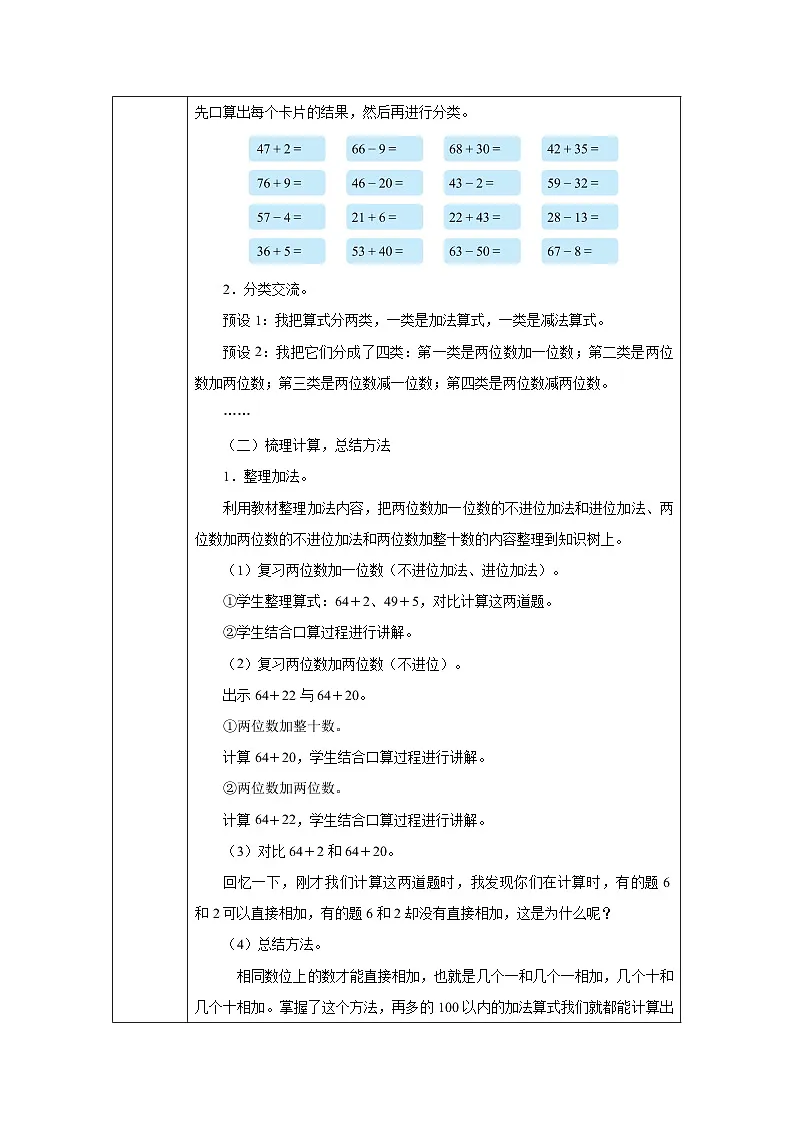 《100 以内的口算加、减法-整理和复习》教学设计-2024-2025学年一年级下册数学人教版第2页