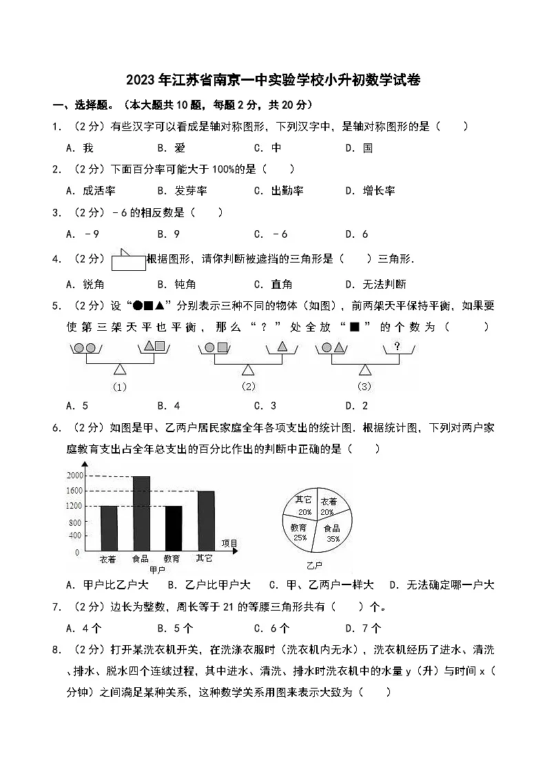 2023年江苏省南京一中实验学校小升初数学试卷第1页