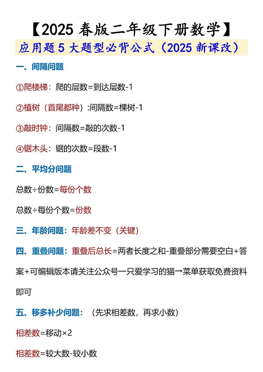 2025春新版二年级下册数学 应用题必背公式学案含答案第1页