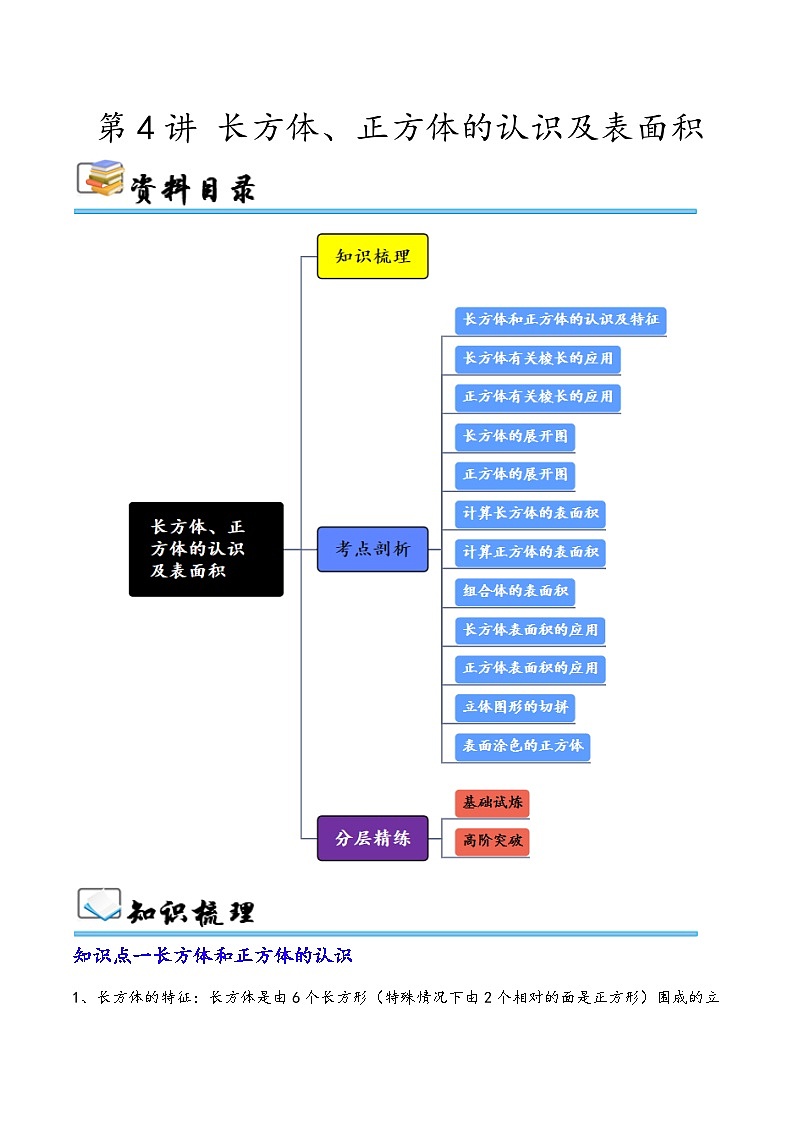 第4講 長(zhǎng)方體、正方體的認(rèn)識(shí)及表面積（十二大考點(diǎn)）-2024-2025學(xué)年五年級(jí)下冊(cè)數(shù)學(xué)考點(diǎn)剖析及分層精練（學(xué)生版）（人教版）第1頁(yè)