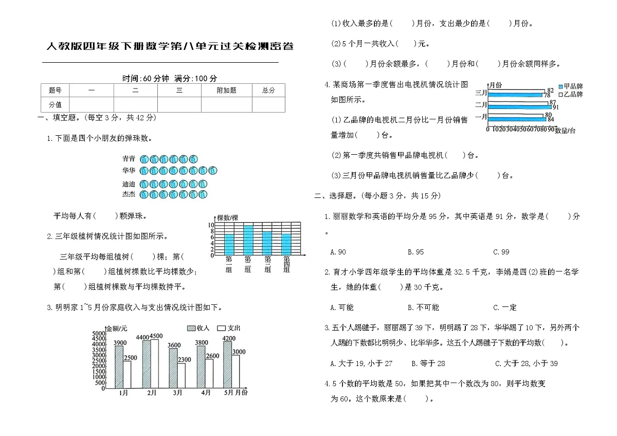 人教版四年级下册数学第八单元过关检测密卷(含答案)第1页