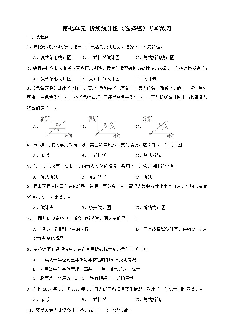 人教版五年级下册数学第七单元折线统计图(选择题)专项练习(含答案)第1页