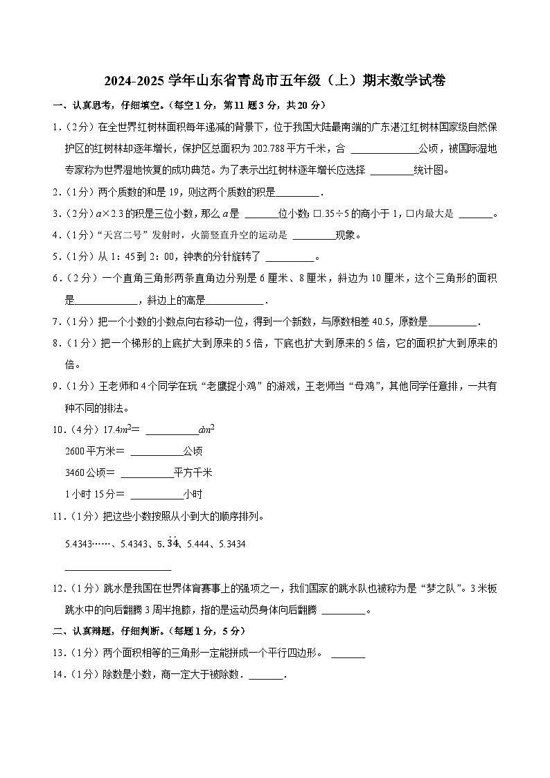 2024-2025学年山东省青岛市五年级(上)期末数学试卷第1页