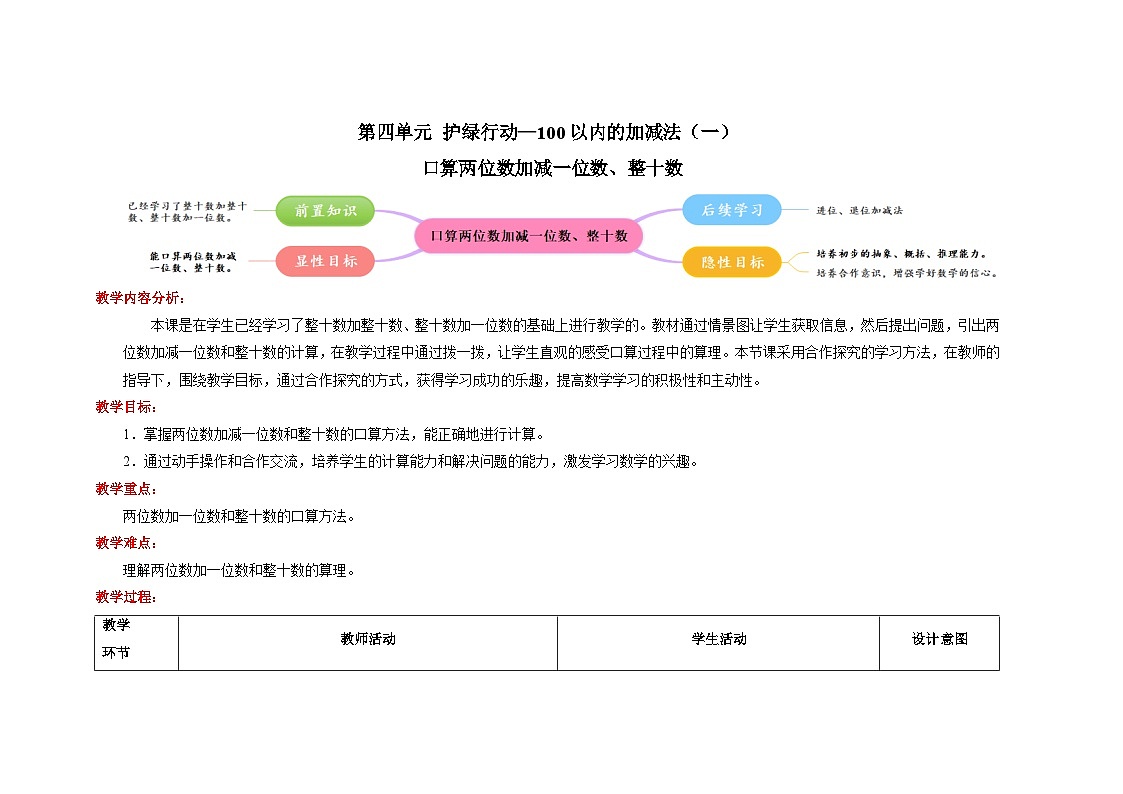 第四单元《口算两位数加减一位数、整十数》教案 数学青岛版(2024)一年级下册第1页