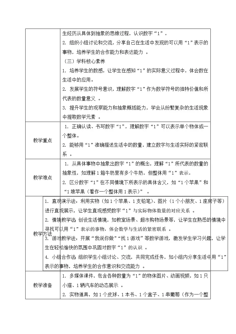 西南大版一年级下册数学第一单元(0~9的认识-认识0~9)1《认识1》教案第2页