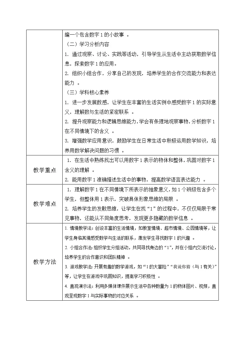 西南大版一年级下册数学第一单元(认识0~9)2《找一找身边的1》教案第2页