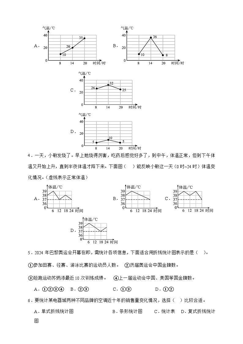 人教版五年级数学下册7.1单式折线统计图(选择题)专项练习第2页
