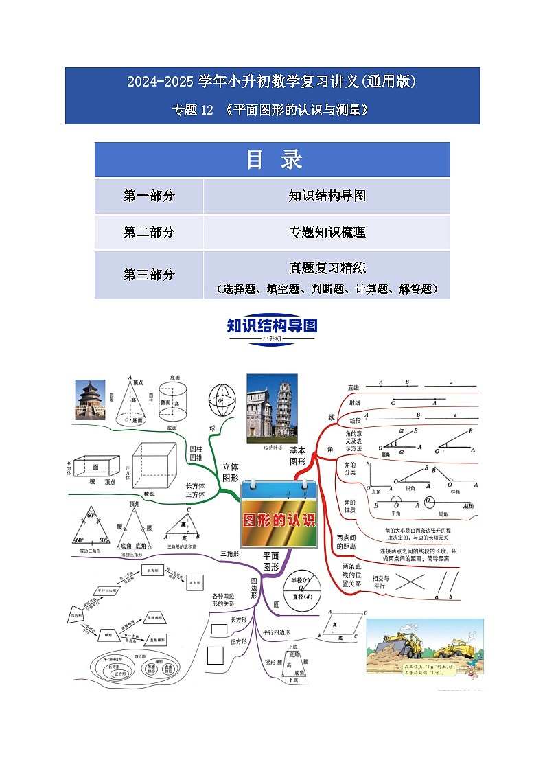2025学年小升初数学复习讲义(通用版)专题12《平面图形的认识与测量》(教师版)(1)第1页