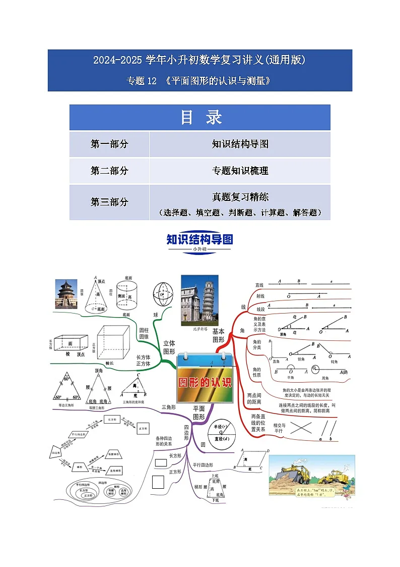 2025学年小升初数学复习讲义(通用版)专题12《平面图形的认识与测量》(学生版)第1页