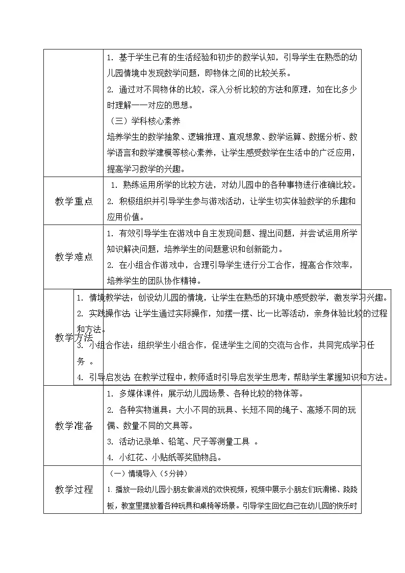 西南大版一年级下册 数学《综合实践》2《活动二:幼儿园里的“比较”游戏》教学设计第2页