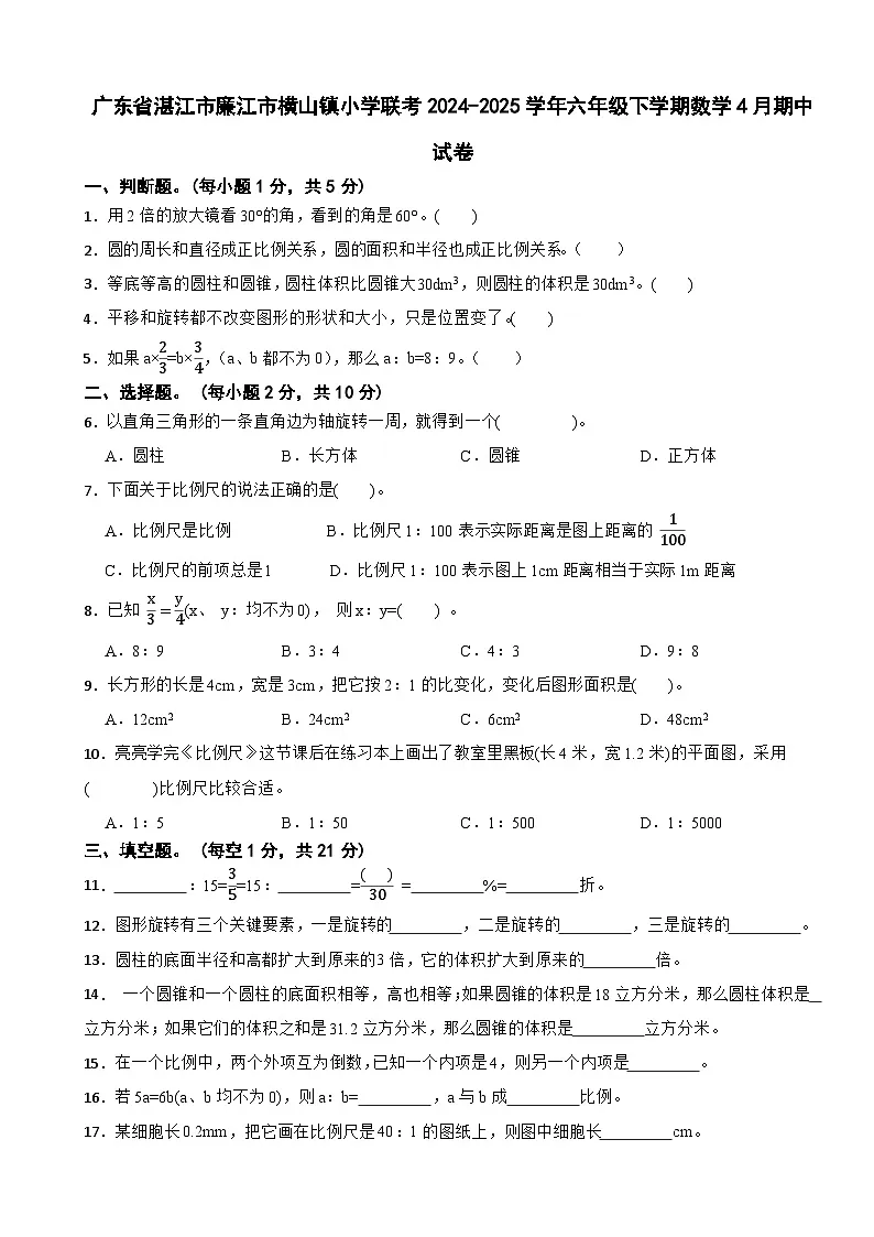 广东省湛江市廉江市横山镇小学联考2024-2025学年六年级下学期数学4月期中试卷第1页