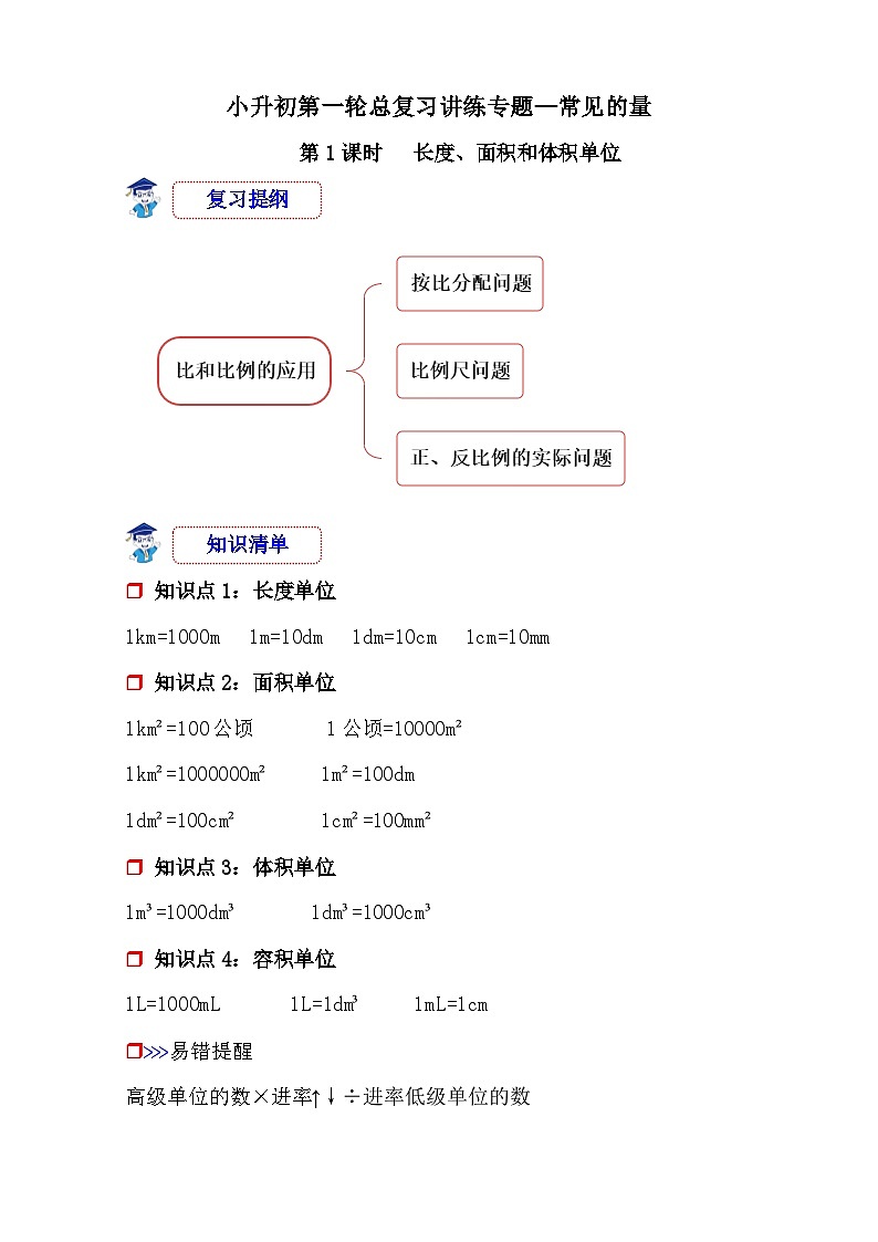 第1课时《常见的量—长度、面积和体积单位》-小升初数学第一轮总复习讲练专题讲义.docx第1页